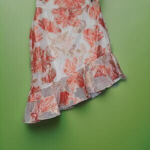 Floral Ruffle Mini Skirt Waterfall Hem Coral White Size 8 Summer Statement Piece